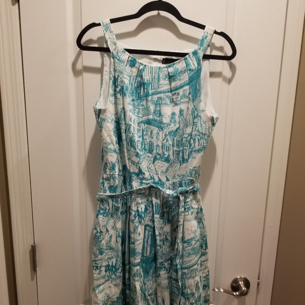 Chetta B Women's Cityscape Sleeveless Dress in White and Teal Size 14